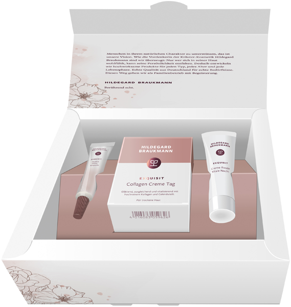 Exquisit Geschenk Set = Exquisit Collagen Creme Tag 50 ml + Professional Plus Crème Rosée Vitale 15 ml + Exquisit Hydro Aktiv Ampullen 5 ml