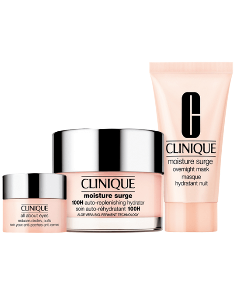 Moisture Surge Hydrate & Glow = 100H Auto Replenishing Hydrator Aloe Vera Bio Ferment 50 ml + Surge Overnight Mask 30 ml + All About Eyes 5 ml Clinique Feuchtigkeitspflege Moisture Surge Hydrate & Glow Pflegeset